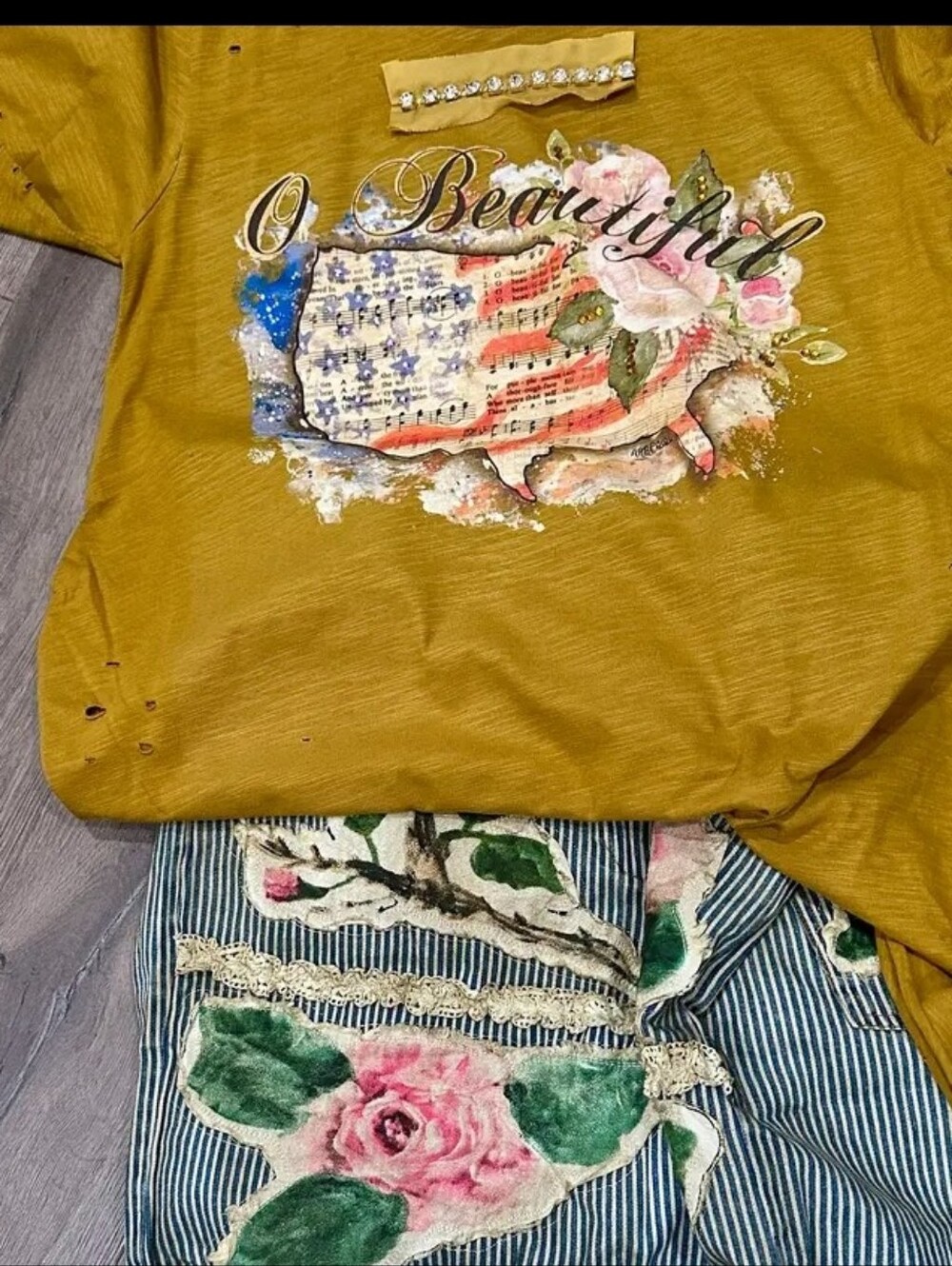 RB O Beautiful Mustard Yellow Short Sleeve Graphic Tee with Floral Flag Accent